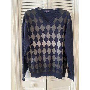 Roundtree & Yorke Sweater Mens L Pullover Knit V-Neck Blue Long Sleeve Preppy